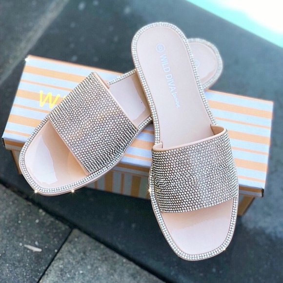 [New] RHINESTONE CRYSTAL BLING STYLISH JELLY SLIP ON SLIDES SANDALS [NUDE] - Picture 5 of 6